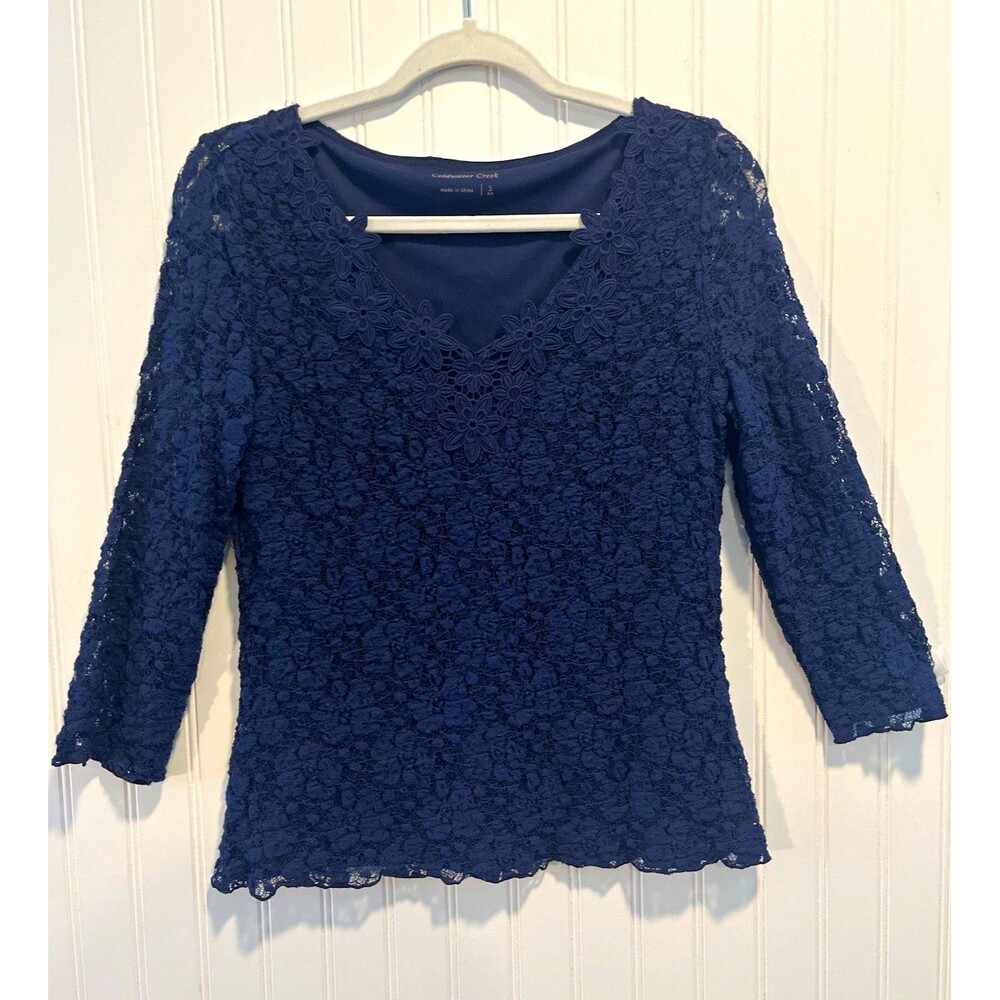 Coldwater Creek Dark Blue Lace Floral Embroidered V-Neck 3/4 Sleeve Blouse Small